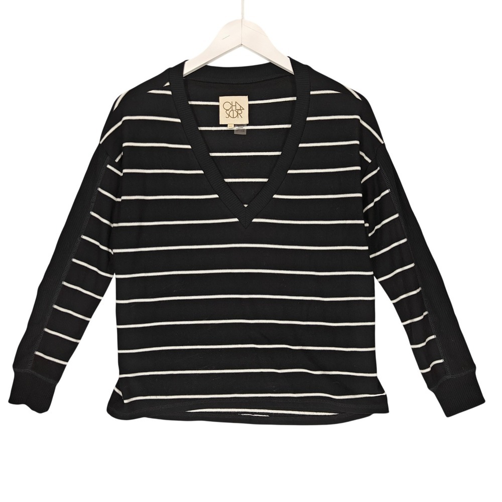 Chaser Womens Black White Striped V-Neck Sweater XS CWB853‎